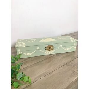 Antique Celluloid Glove Box Green Jewelry Box Figural Relief Romantic Victorian